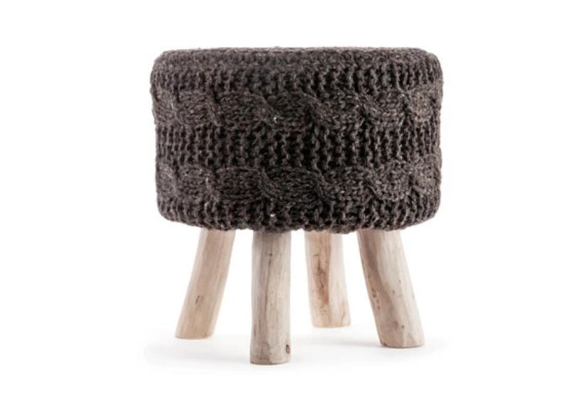 The Earth Company - 100% Hand Knitted Wool Stool, Natural Charcoal