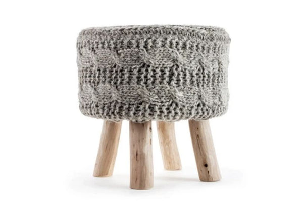 The Earth Company - 100% Hand Knitted Wool Stool, Natural Gray